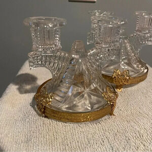Vintage Glass candlestick holder (set of 2) gold gilded hummingbird